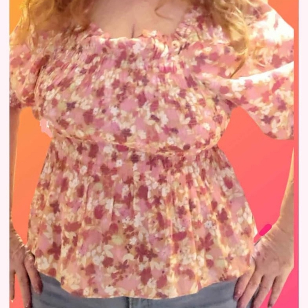 Pink Floral Smocked Top Elastic Waist - Picture 7 of 10